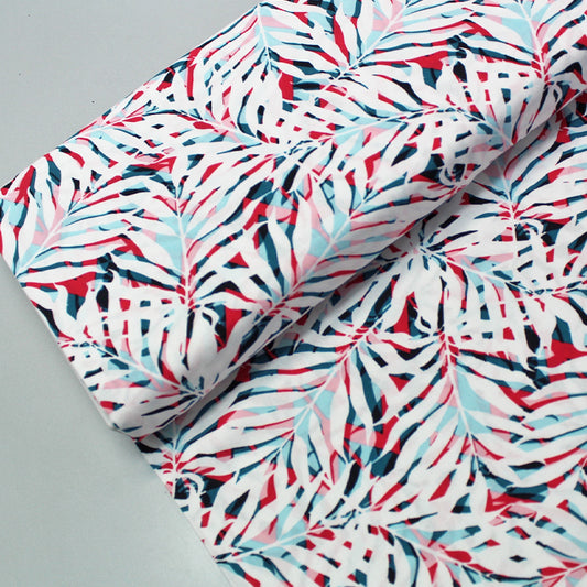 Red & Blue Tropical Leaf Print Viscose Fabric